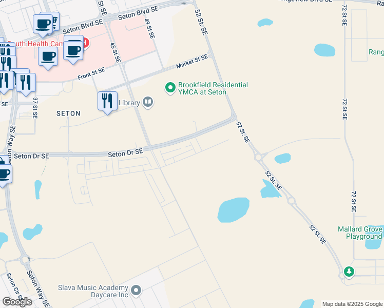 map of restaurants, bars, coffee shops, grocery stores, and more near Seton Passage Southeast in Calgary