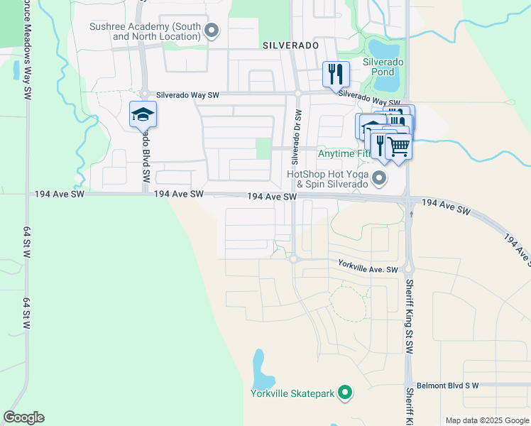 map of restaurants, bars, coffee shops, grocery stores, and more near 63 Yorkstone Way Southwest in Calgary