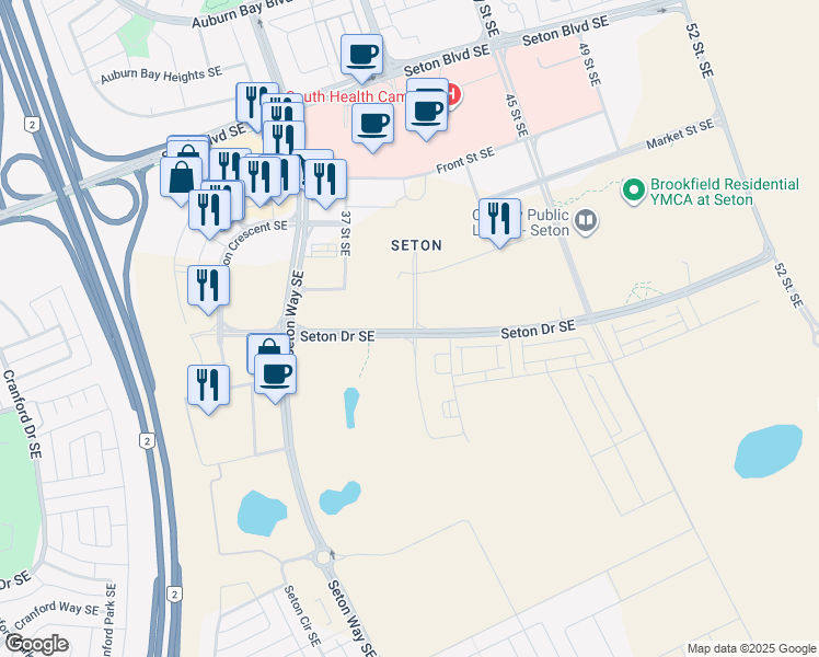 map of restaurants, bars, coffee shops, grocery stores, and more near 3910 Seton Drive Southeast in Calgary