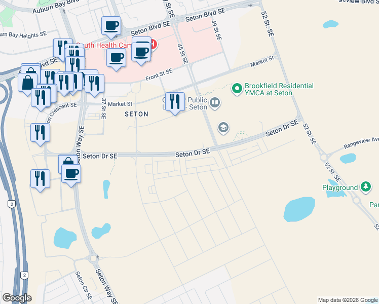 map of restaurants, bars, coffee shops, grocery stores, and more near Seton Drive Southeast in Calgary