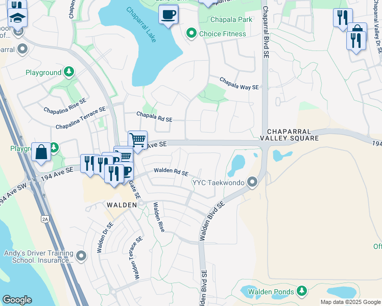 map of restaurants, bars, coffee shops, grocery stores, and more near Walden Square Southeast in Calgary