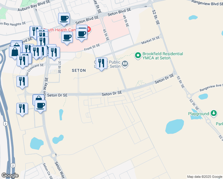 map of restaurants, bars, coffee shops, grocery stores, and more near 4335 Seton Drive Southeast in Calgary