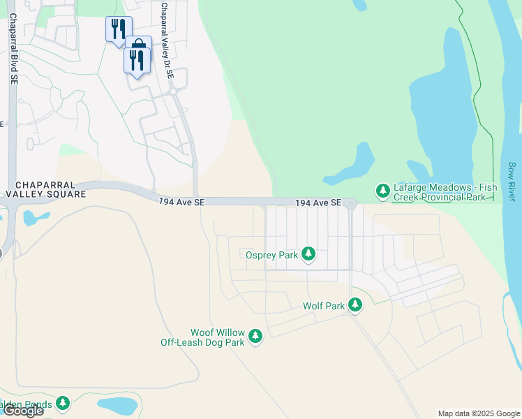 map of restaurants, bars, coffee shops, grocery stores, and more near 194 Avenue Southeast in Calgary