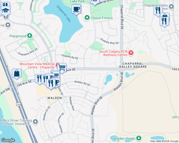 map of restaurants, bars, coffee shops, grocery stores, and more near 129 Walden Square Southeast in Calgary