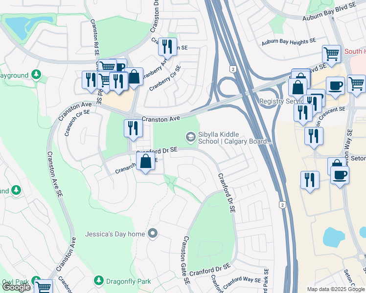 map of restaurants, bars, coffee shops, grocery stores, and more near 126 Cranford Drive Southeast in Calgary