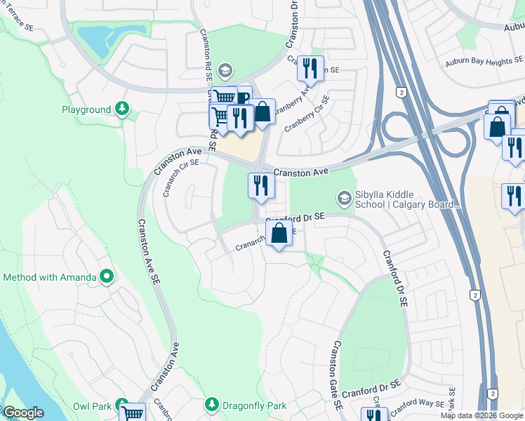 map of restaurants, bars, coffee shops, grocery stores, and more near 136 Cranarch Road Southeast in Calgary