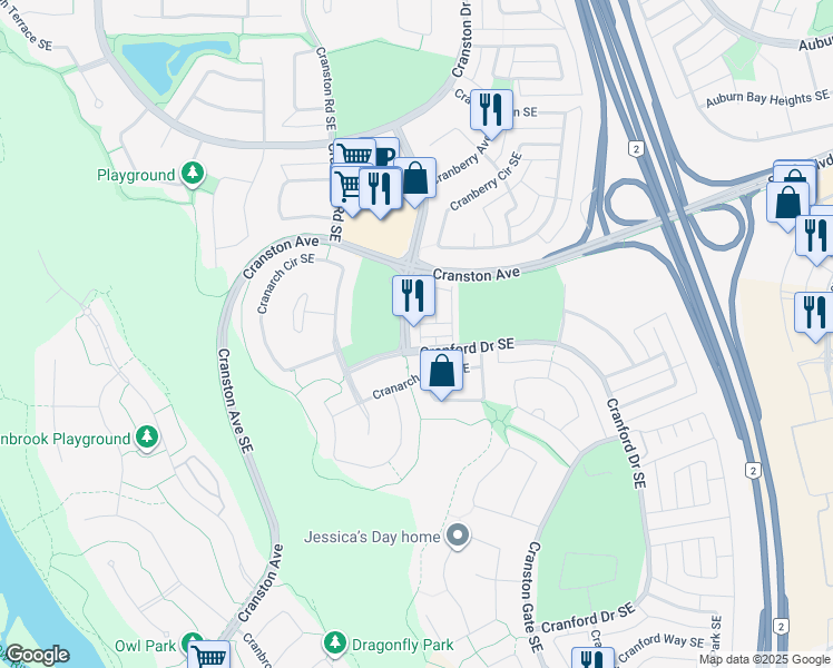 map of restaurants, bars, coffee shops, grocery stores, and more near 136 Cranarch Road Southeast in Calgary