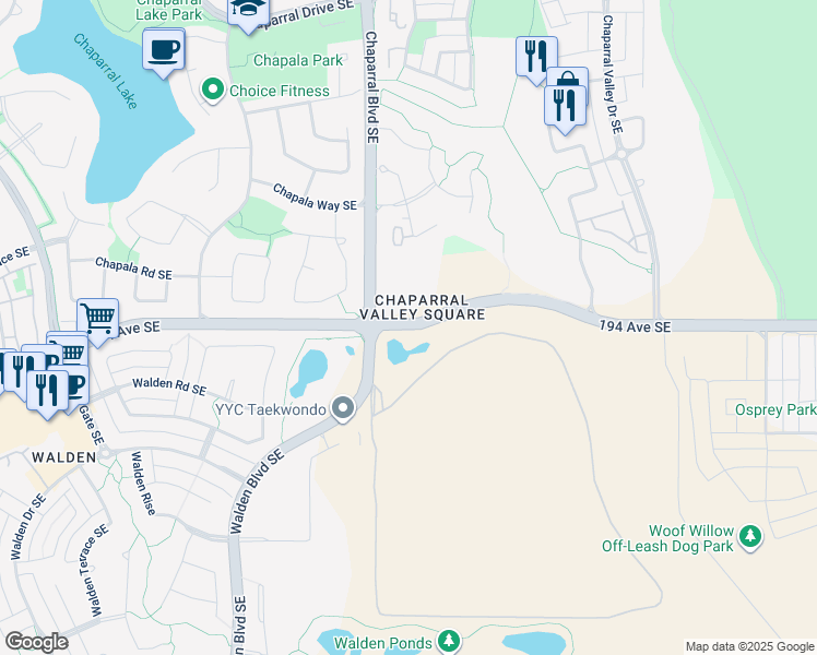 map of restaurants, bars, coffee shops, grocery stores, and more near 194 Avenue Southeast in Calgary