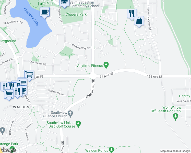 map of restaurants, bars, coffee shops, grocery stores, and more near 194 Avenue Southeast in De Winton