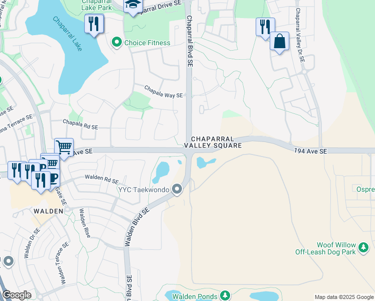 map of restaurants, bars, coffee shops, grocery stores, and more near Walden Boulevard in Calgary