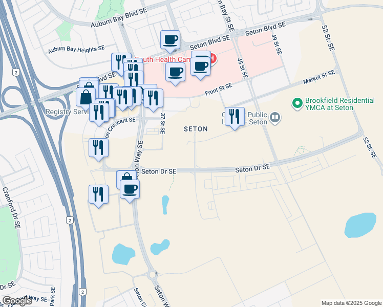 map of restaurants, bars, coffee shops, grocery stores, and more near 19489 Main Street Southeast in Calgary
