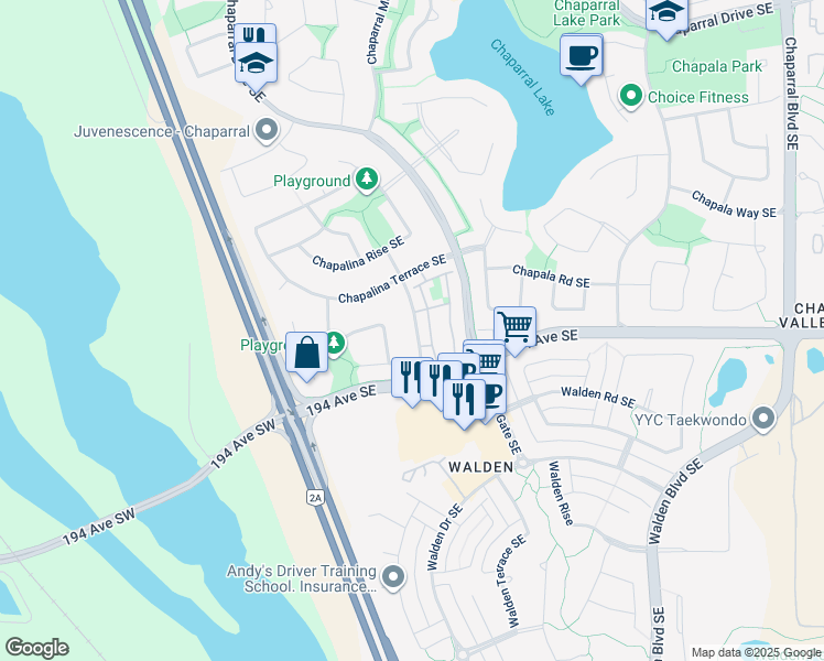 map of restaurants, bars, coffee shops, grocery stores, and more near 141 Chapalina Heights Southeast in Calgary