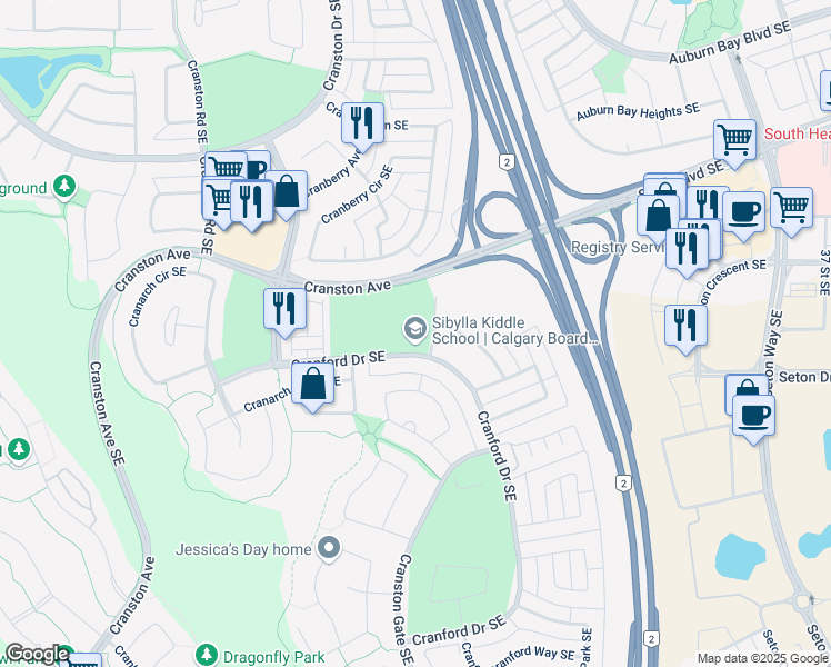 map of restaurants, bars, coffee shops, grocery stores, and more near 126 Cranford Drive Southeast in Calgary