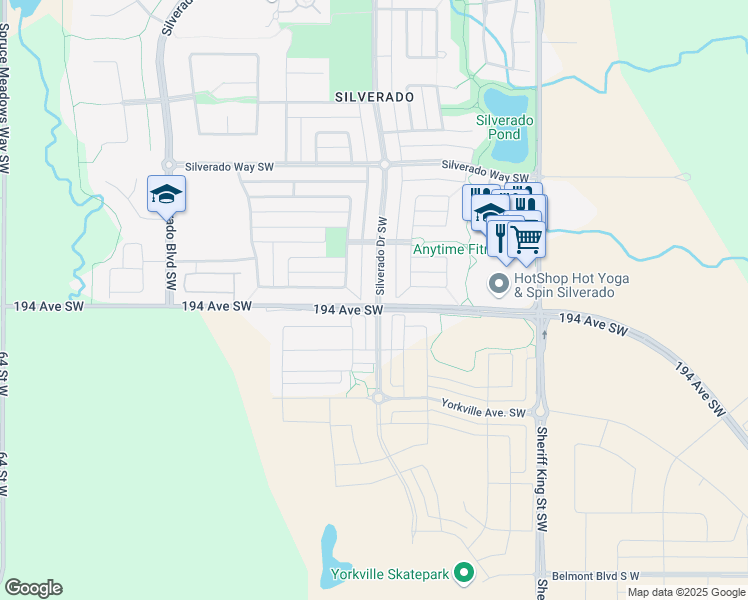 map of restaurants, bars, coffee shops, grocery stores, and more near 412 Silverado Drive Southwest in De Winton