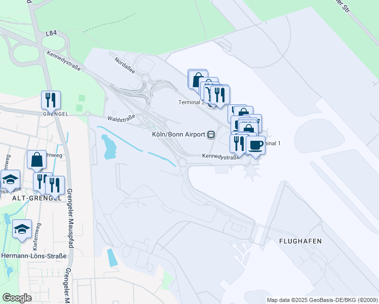 map of restaurants, bars, coffee shops, grocery stores, and more near 14 Kennedystraße in Köln