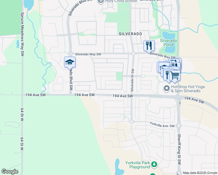 map of restaurants, bars, coffee shops, grocery stores, and more near 435 Silverado Plains Circle Southwest in Calgary