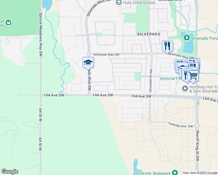 map of restaurants, bars, coffee shops, grocery stores, and more near 132 Silverado Plains Park Southwest in Calgary