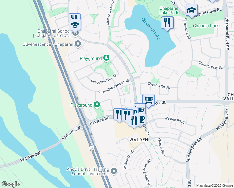 map of restaurants, bars, coffee shops, grocery stores, and more near 117 Chapalina Heights Southeast in Calgary