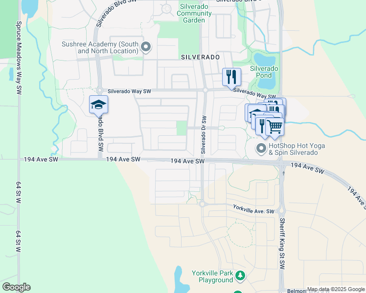 map of restaurants, bars, coffee shops, grocery stores, and more near 487 Silverado Plains Circle Southwest in Calgary