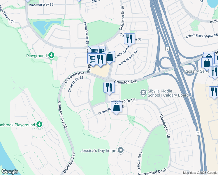 map of restaurants, bars, coffee shops, grocery stores, and more near 52 Cranarch Road Southeast in Calgary