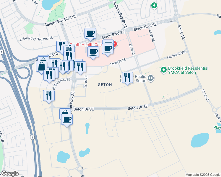map of restaurants, bars, coffee shops, grocery stores, and more near 80 Seton Park Southeast in Calgary