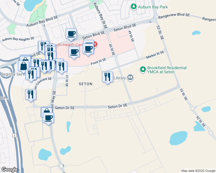 map of restaurants, bars, coffee shops, grocery stores, and more near 20 Seton Park Southeast in Calgary