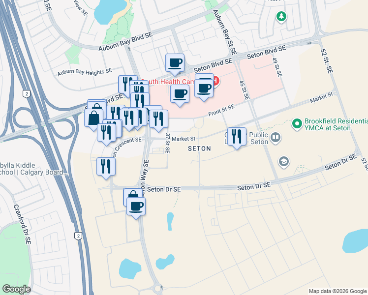 map of restaurants, bars, coffee shops, grocery stores, and more near 19470 37 Street Southeast in Calgary