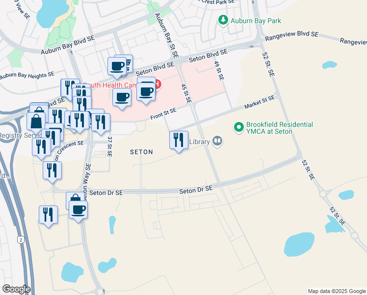 map of restaurants, bars, coffee shops, grocery stores, and more near 20 Seton Park Southeast in Calgary