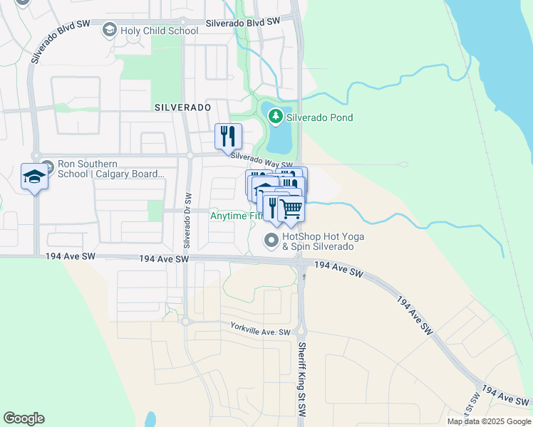 map of restaurants, bars, coffee shops, grocery stores, and more near 19369 Sheriff King Street South in Calgary
