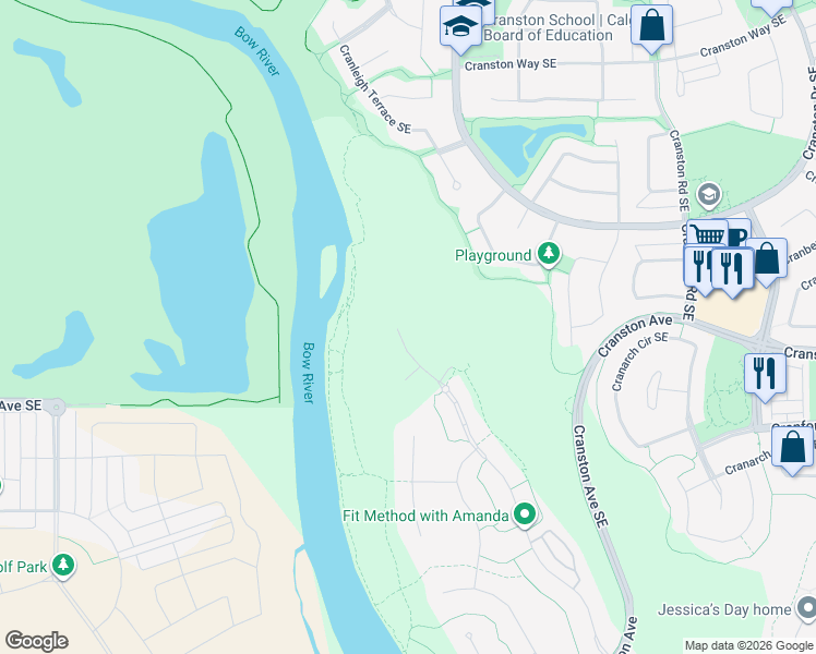 map of restaurants, bars, coffee shops, grocery stores, and more near Bow River Pathway in Calgary