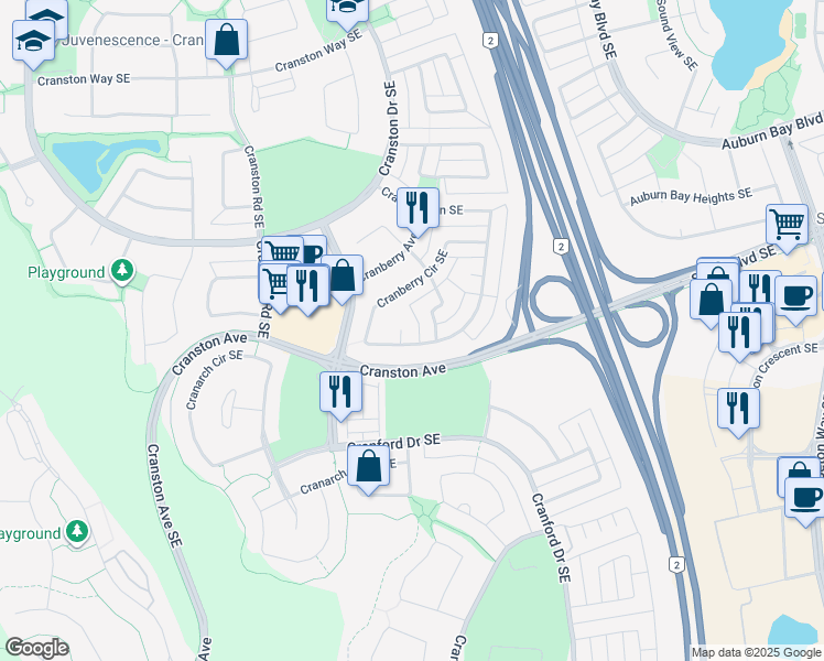 map of restaurants, bars, coffee shops, grocery stores, and more near 9 Cranberry Cove Southeast in Calgary