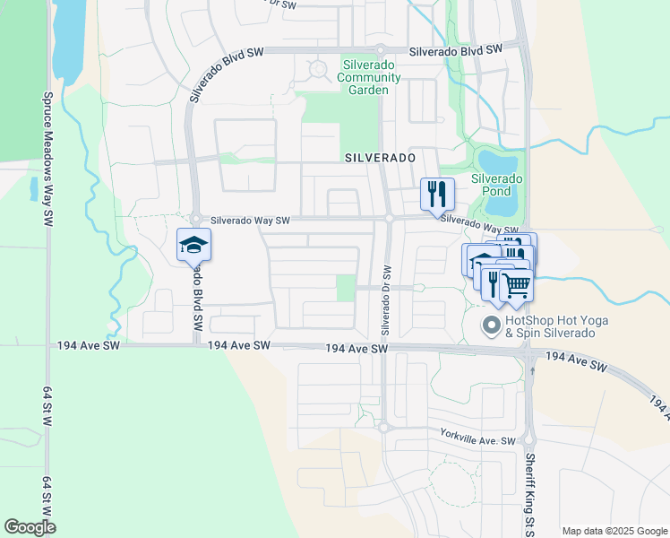 map of restaurants, bars, coffee shops, grocery stores, and more near 10 Silverado Plains Manor Southwest in Calgary