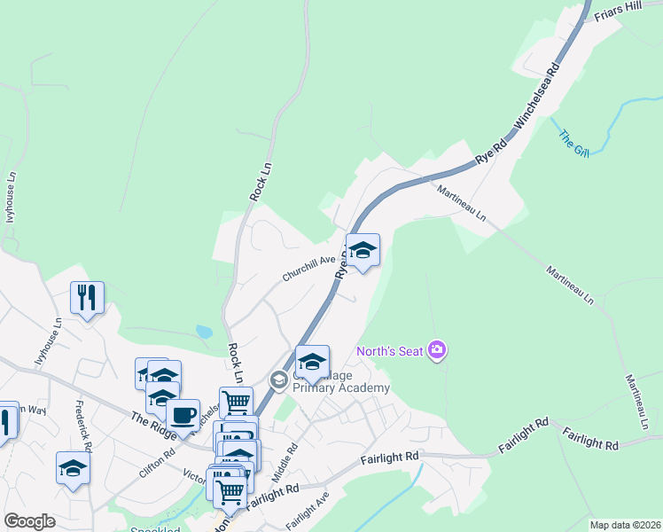 map of restaurants, bars, coffee shops, grocery stores, and more near 93 Rye Road in East Sussex