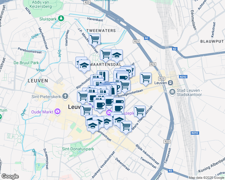 map of restaurants, bars, coffee shops, grocery stores, and more near Diestsestraat in Leuven