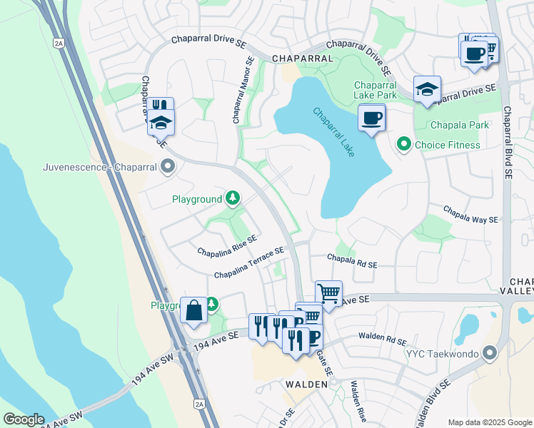 map of restaurants, bars, coffee shops, grocery stores, and more near 650 Chaparral Drive Southeast in Calgary