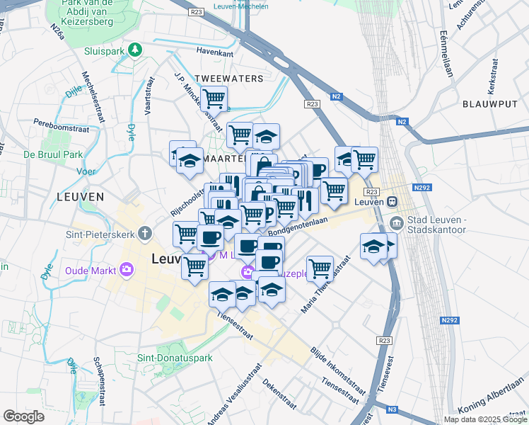 map of restaurants, bars, coffee shops, grocery stores, and more near Diestsestraat in Leuven