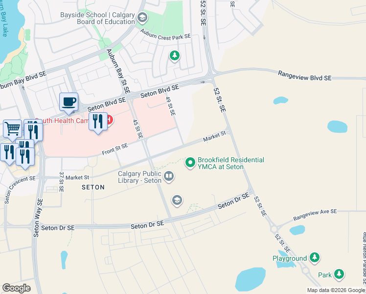 map of restaurants, bars, coffee shops, grocery stores, and more near 3750 Market Street Southeast in Calgary