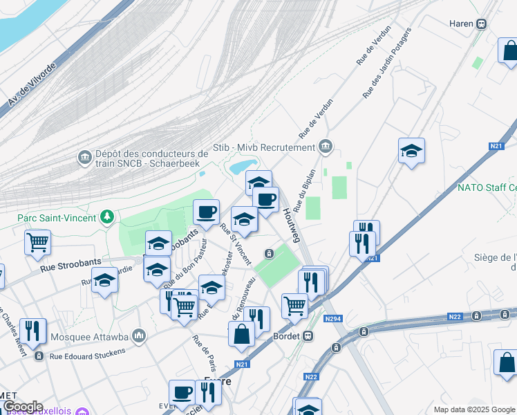 map of restaurants, bars, coffee shops, grocery stores, and more near 17 Rue Frans Van Cutsem in Evere
