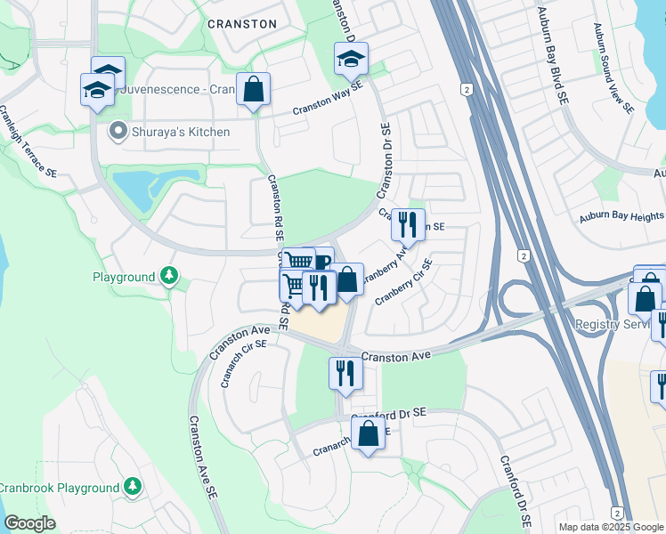map of restaurants, bars, coffee shops, grocery stores, and more near 78 Cranberry Mews Southeast in Calgary