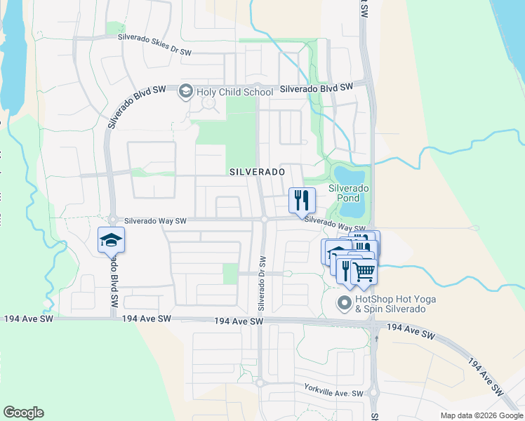 map of restaurants, bars, coffee shops, grocery stores, and more near Silverado Drive Southwest in Calgary