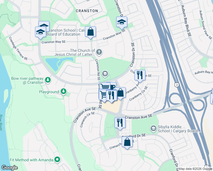map of restaurants, bars, coffee shops, grocery stores, and more near 102 Cranberry Park Southeast in Calgary