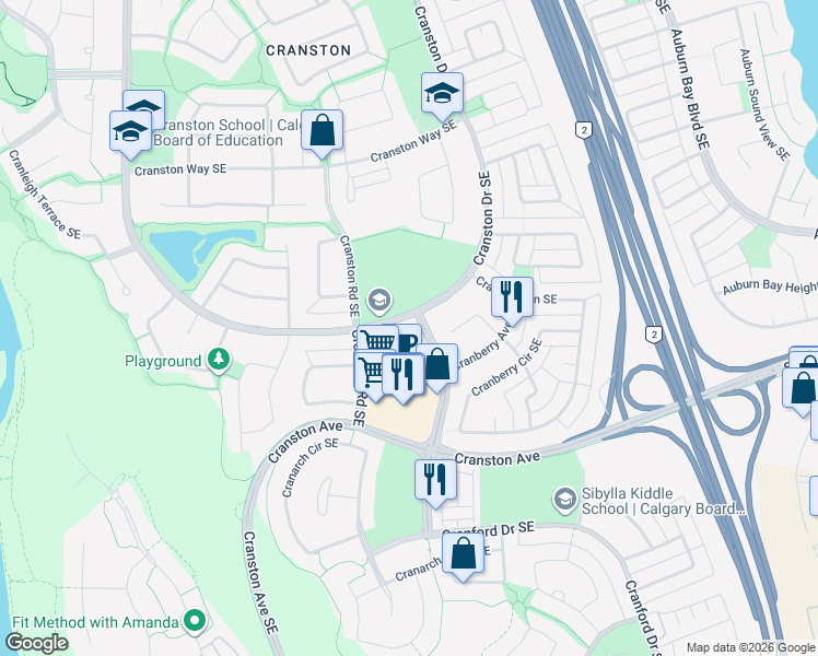 map of restaurants, bars, coffee shops, grocery stores, and more near 304 Cranberry Park Southeast in Calgary