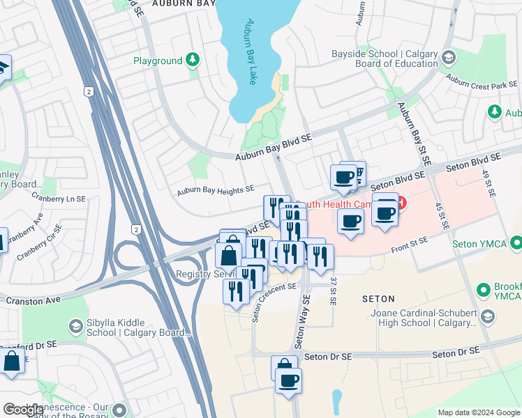 map of restaurants, bars, coffee shops, grocery stores, and more near 559 Auburn Bay Heights Southeast in Calgary