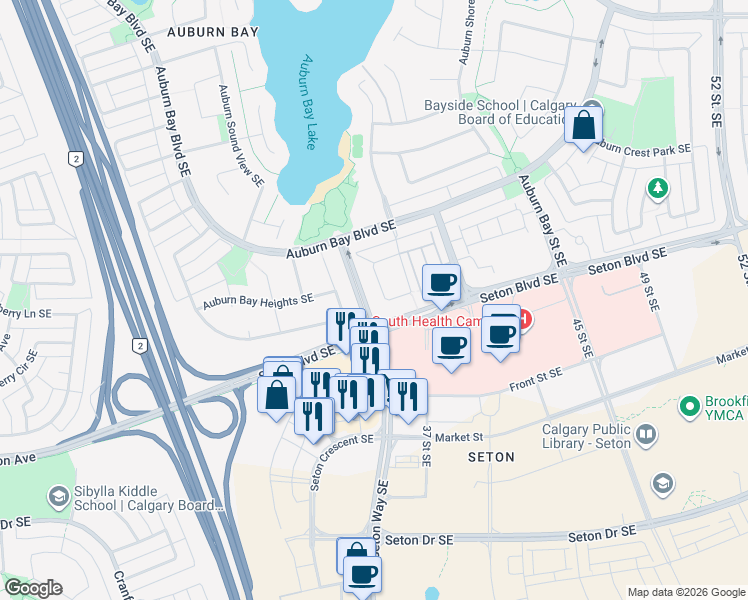 map of restaurants, bars, coffee shops, grocery stores, and more near 118 Auburn Bay Close Southeast in Calgary
