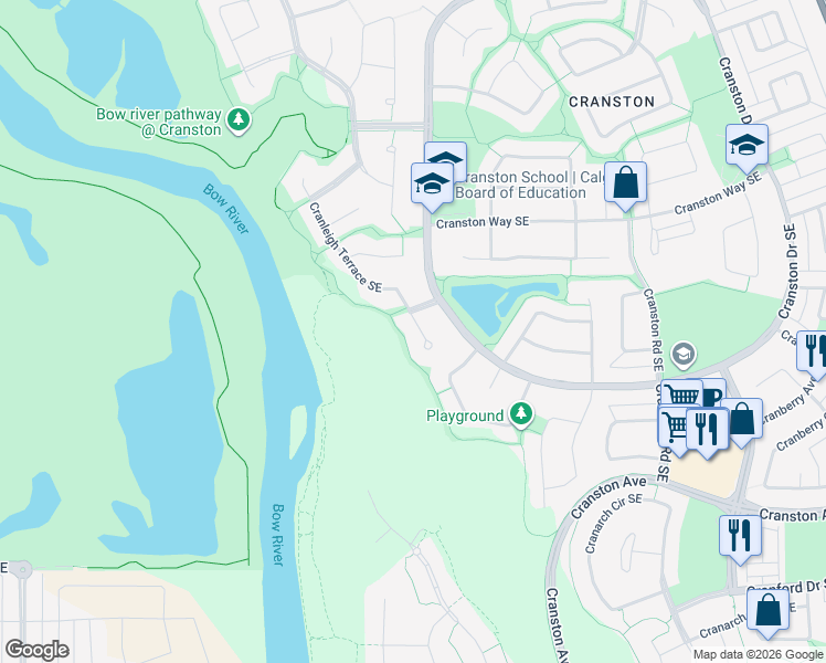 map of restaurants, bars, coffee shops, grocery stores, and more near 180 Cranleigh Terrace Southeast in Calgary