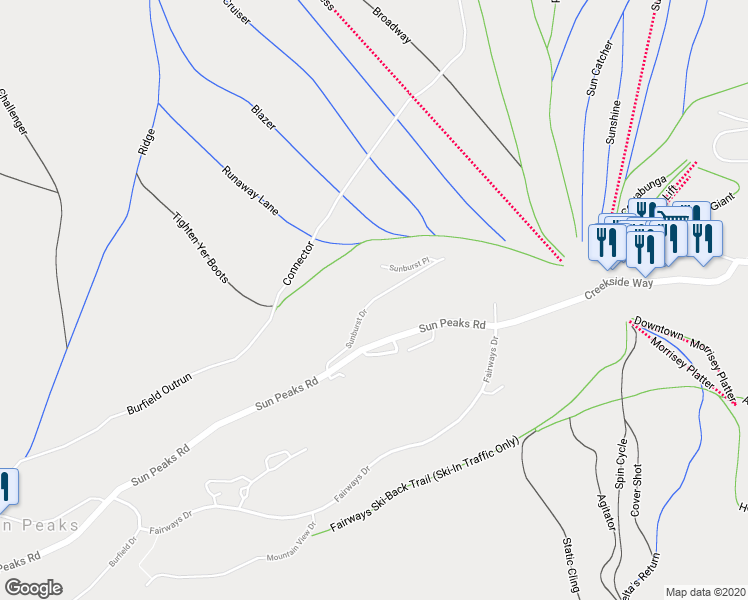 map of restaurants, bars, coffee shops, grocery stores, and more near Sunburst Drive in Sun Peaks