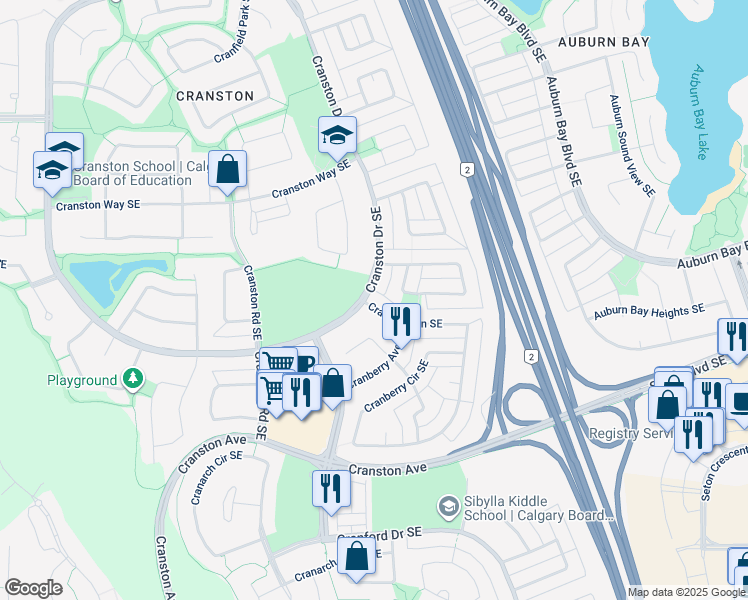 map of restaurants, bars, coffee shops, grocery stores, and more near 8 Cranberry Lane Southeast in Calgary