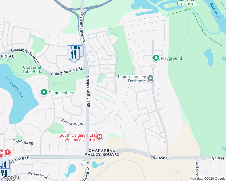 map of restaurants, bars, coffee shops, grocery stores, and more near 407 Chaparral Ridge Circle Southeast in Calgary