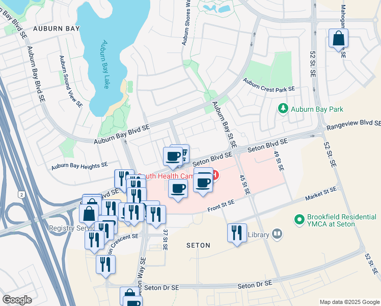 map of restaurants, bars, coffee shops, grocery stores, and more near 10 Auburn Bay Link in Calgary