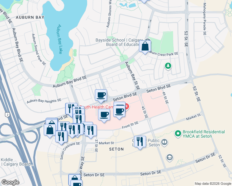 map of restaurants, bars, coffee shops, grocery stores, and more near 16 Auburn Bay Link in Calgary